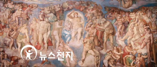 Renaissance fresco reproduction with soft pastel tones set against a dark celestial background