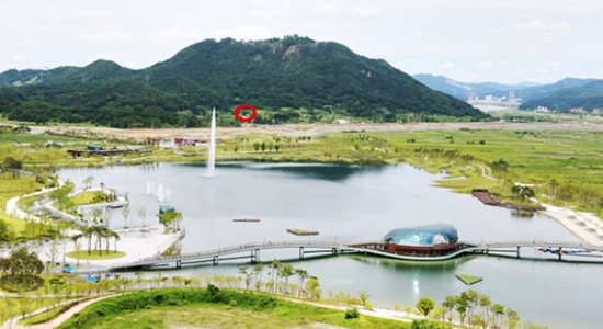 조계종 한국불교문화체험관이 들어설 예정지(붉은 원)인 세종시 전월산 전경. (출처: 세종시청)