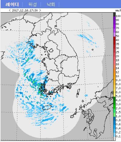 16일 오후 6시 기준 전국 레이더 날씨. (출처: 기상청) ⓒ천지일보(뉴스천지) 2017.12.16