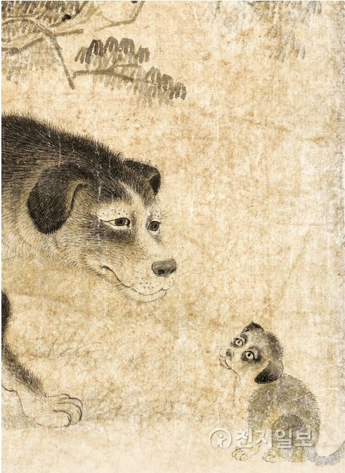 ‘모견도’의 일부분. ‘모견도’는 조선 중기 화가 김두량(1696~1763)의 작품으로, 새끼에 대한 어미 개의 모정이 잘 표현돼 있다. (제공: 국립민속박물관) ⓒ천지일보(뉴스천지) 2018.1.1
