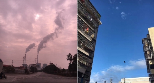 중국 트위터인 웨이보에서 한 중국 네티즌(아이디: 猪呻吟, 쭈션인)이 중국 하늘의 비교 사진을 올리고 있다. (출처: 웨이보)