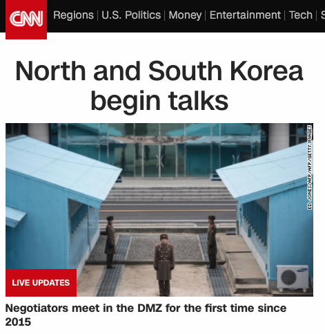 9일 남북 고위급 회담 진행 중 ‘남한과 북한이 대화를 시작했다’는 CNN의 톱기사. (출처: CNN 홈페이지 캡처)