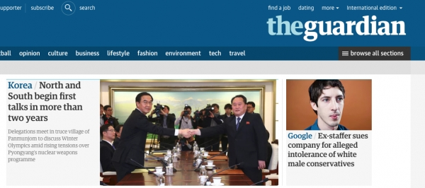 영국 일간 가디언 홈페이지 첫 화면. 북한이 9일 남북 고위급 회담에서 평창동계올림픽에 선수단을 보내겠다고 밝혔다는 내용의 기사가 톱뉴스로 실렸다. (출처: 가디언 홈페이지 캡처)