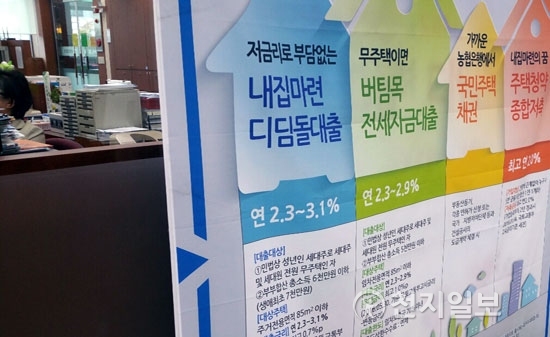 은행 창구에 주택대출 상품 현수막이 걸린 모습 ⓒ천지일보(뉴스천지) 2018.1.16