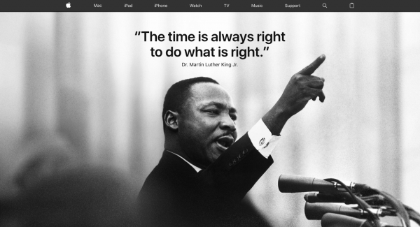 “옳은 일을 하는 데 적기는 없다.” 애플이 15일 마틴 루터 킹 목사를 기념하는 ‘마틴 루터 킹 데이’를 추모하기 위해 올린 킹 목사의 어록. 이날 미국 전역에서 킹 목사의 추모 행사가 이어졌다. (출처: 애플 홈페이지)