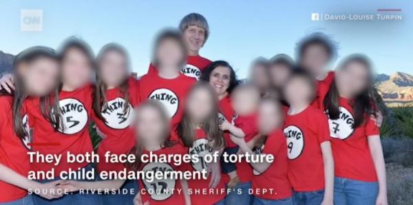 미국 캘리포니아주에서 자녀 13명을 사슬로 묶고 학대한 데이비드 앨런 터핀(57)과 루이즈 애나 터핀(49)과 피해 자녀들. (출처: CNN 방송 캡처)