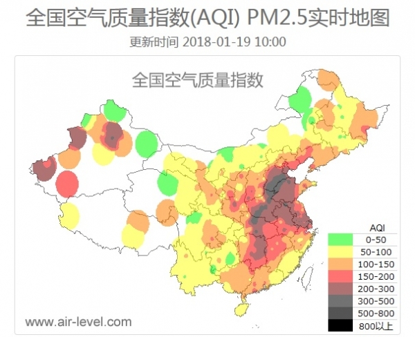 중국의 초미세먼지(PM 2.5) 농도를 수치화해 8단계로 지도에 색깔별로 표시한 모습. 어두운색이고 수치가 클수록 미세먼지 농도가 짙은 수준이며, 19일 기준 한반도에서 가까운 산둥성, 산시성은 최고로 미세먼지 농도가 짙은 것으로 표시되고 있다. (출처: 에어-레벨) ⓒ천지일보(뉴스천지) 2018.1.19