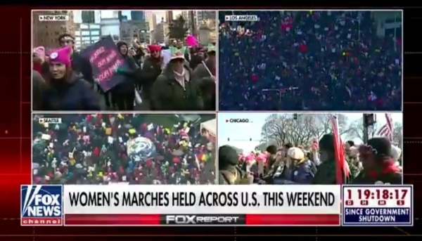 지난 20일(현지시간) 미국 전역에서는 ‘여성행진(Women's March)’ 행사가 열린 가운데 ‘반(反) 트럼프’ 대규모로 집회로 번지면서 ‘셧다운 사태’와 겹쳤다. 사진은 미국 폭스뉴스의 곳곳의 시위대 모습 당시 모습 (출처: 폭스(Fox) 뉴스)
