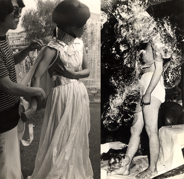정강자 ‘휴지로 만든 드레스(Paper Tissue Dress, 1969, courtesy of the artist, 왼)’. 정강자 ‘투명 풍선과 누드(Transparent Balloon and Nude), 1968, 사진, 강국진·정강자·정찬승, courtesy of the artist)’. (제공: 아라리오갤러리)
