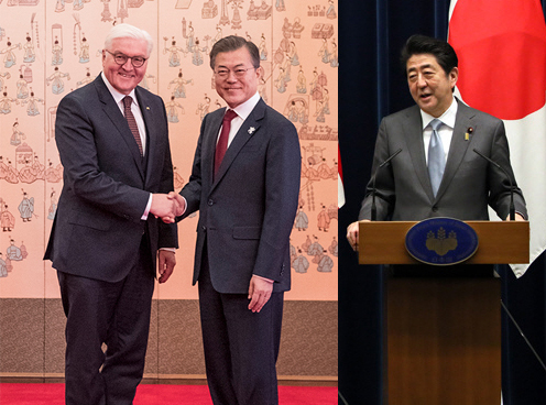 지난 8일 청와대에서 문재인 대통령과 정상회담을 가진 프랑크-발터 슈타인마이어(Frank-Walter Steinmeier) 독일 대통령(왼쪽) 모습. 오른쪽은 아베신조 일본 총리 (출처: 청와대, 일본 총리실) ⓒ천지일보(뉴스천지)DB