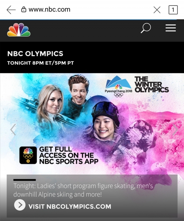 미국 NBC 방송 평창올림픽 관련 첫 화면 캡쳐. (출처: NBC 홈페이지)