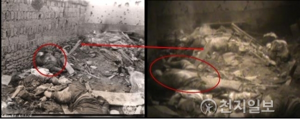 1944년 9월 15일 프랭크 맨워렌(Frank Manwarren)이 찍은 사진(좌)과 볼드윈(Baldwin)이 촬영한 영상(우) 비교. (제공: 서울시‧서울대 인권센터)ⓒ천지일보(뉴스천지) 2018.2.27