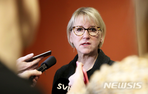 스웨덴의 마르고트 발스트롬 외무장관이 16일 하원 출석 중 기자들에게 말하고 있다.  (출처: 뉴시스)
