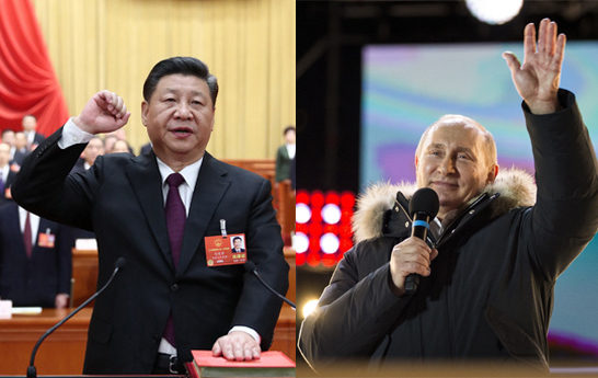 17일 만장일치로 국가주석과 중앙군사위 주석에 재선출된 시진핑 중국 국가주석(왼쪽)과 18일 선거에서 압도적인 득표로 4연임에 성공한 블라디미르 푸틴 대통령. (출처: 뉴시스)