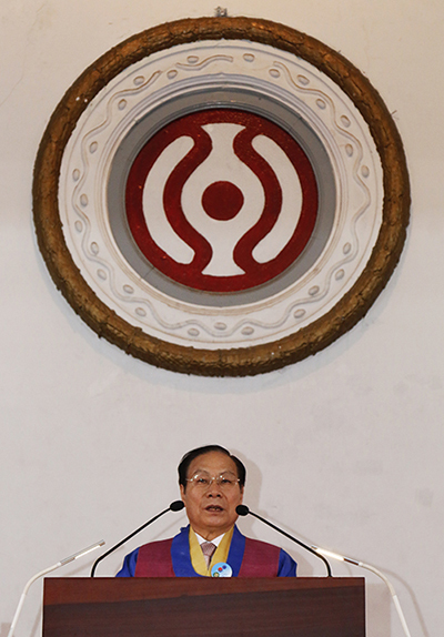 천도교 이정희 교령이 5일 중앙대교당에서 열린 천일기념일 기념사를 전하고 있다. ⓒ천지일보(뉴스천지) 2018.4.5