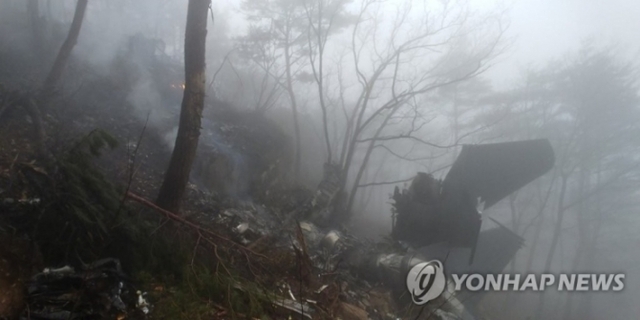 지난 5일 오후 경북 칠곡군 가산면 학하리 유학산에 추락한 F-15K 전투기. (출처: 연합뉴스)