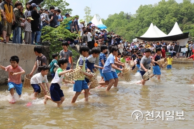 지난해 5월 대나무축제에 참여한 학생들이 관방천에서 물고기잡이 체험을 하고 있다. (제공: 담양군) ⓒ천지일보(뉴스천지) 2018.4.17
