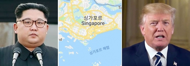 북미정상회담 개최지로 싱가포르가 유력한 것으로 미국 현지시간(9일) 미 행정부 관계자의 말을 인용한 외신 보도가 나오고 있다. 왼쪽부터 김정은 북한 국무위원장, 싱가포르 지도, 도널드 트럼프 미국 대통령 (출처: 천지일보DB, 구글지도, 백악관)