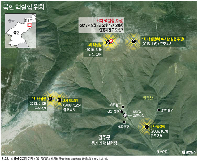북한의 핵실험장이 있는 함경북도 길주군 풍계리에서 3일 북한의 6차 핵실험에 따른 것이 유력한 인공지진파가 감지됐다. 역대 북한 핵실험 위치. (출처: 연합뉴스)