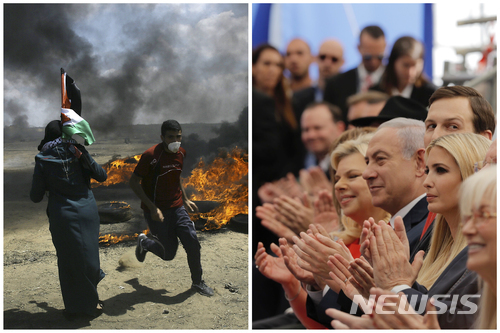 14일(현지시간) 주이스라엘 미국 대사관의 예루살렘 개소식에 맞춰 팔레스타인 자치구역에서 거센 시위가 일었다. 왼쪽은 가자지구에서 시위대가 타이어에 불을 지른 모습. 오른쪽은 베냐민 네타냐후 이스라엘 총리와 미국 관료들이 대사관 이전을 축하하는 모습. (출처: 뉴시스)