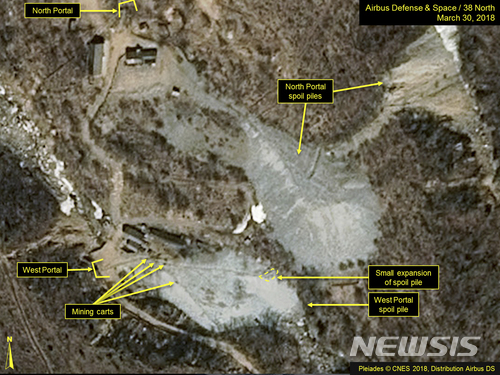 북한 전문매체 38노스가 지난 3월말 에어버스 디펜스 & 스페이스 인공위성 사진을 근거로 분석해 제공한 북한 풍계리 핵실험장 모습. 북한은 12일 외무성 공보를 통해 오는 23∼25일 풍계리 핵실험장을 갱도 폭파하는 방식으로 폐쇄하는 행사를 한다고 밝혔다. (출처: 뉴시스)