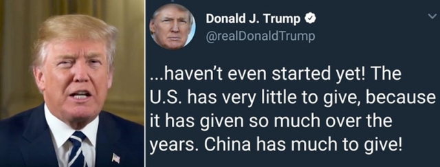 도널드 트럼프 미국 대통령(사진 왼쪽)이 지난 16일 자신의 트위터에서 미국이 (중국에) 과거 수년간 많은 것을 줬기 때문에 미국이 줄 것은 적다. 중국이 줄 것은 많다고 말한 것. (출처: 백악관, 트위터)