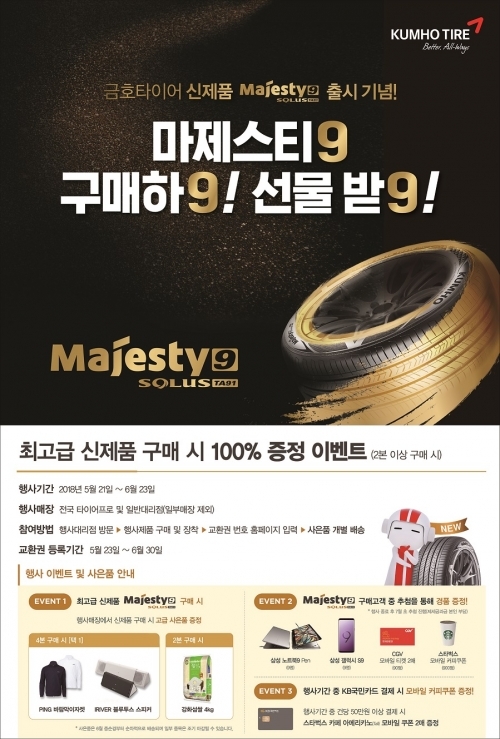 금호타이어가 신제품 프리미엄 타이어 ‘마제스티9’을 출시하고 기념으로 오는 21일부터 6월 23일까지 구매 고객을 대상으로 사은 이벤트를 실시한다고 18일 밝혔다. (제공: 금호타이어)