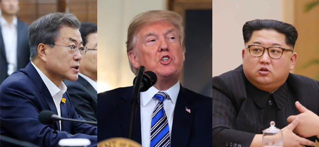 (왼쪽부터) 문재인 대통령과 도널드 트럼프 미국 대통령, 김정은 북한 국무위원장. (출처: 뉴시스)