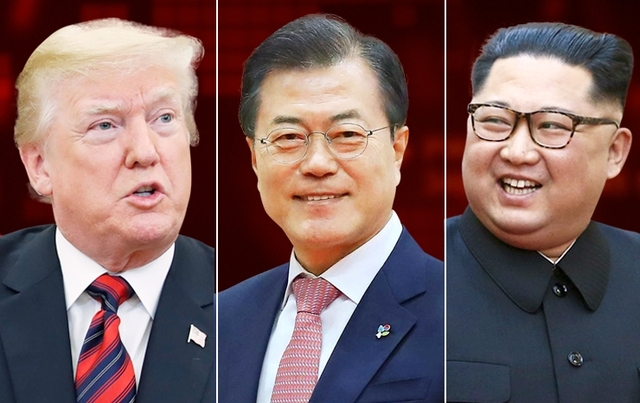 왼쪽부터 도널드 트럼프 미국 대통령, 문재인 대통령, 김정은 북한 국무위원장. (출처: 뉴시스)