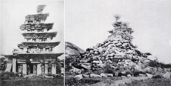 1910년 미륵사지 석탑 동측면(왼쪽)과 서측면 (출처: 문화재청)