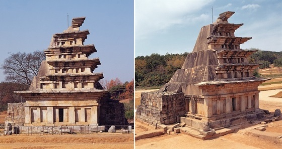 수리 전 익산미륵사지 석탑 동측면(왼쪽)과 남동측면. (출처: 문화재청)