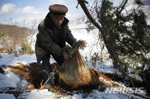 2015년 12월 3일 북한 구장군에서 한 주민이 미군 유해로 추정되는 유골을 수습하고 있다. (출처: 뉴시스)