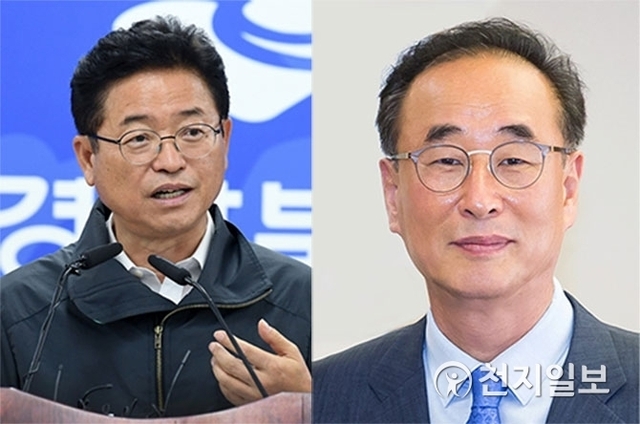 이철우 경북도지사(왼쪽)과 장세용 구미시장 ⓒ천지일보(뉴스천지) 2018.7.6