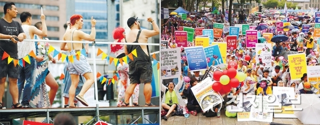 지난해 7월 15일 서울시청광장에서 퀴어문화축제가 열린 가운데 보수 개신교계가 동성애 반대를 외치며 ‘맞불집회’를 열었다. 퀴어문화축제 퍼레이드(왼쪽)와 개신교계 반대집회. ⓒ천지일보(뉴스천지)