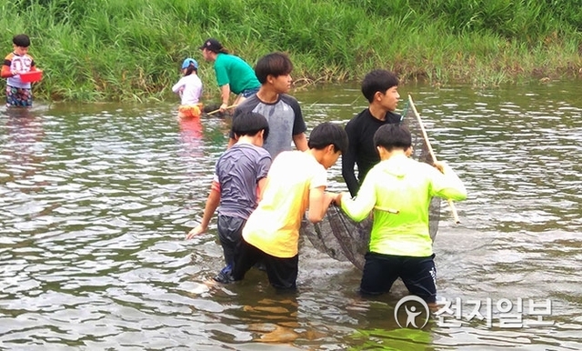 탐사캠프에 참여한 아이들이 물고기를 잡고 있다. (제공:구미시) ⓒ천지일보 2018.7.19