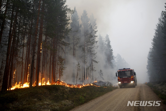 폭염과 가뭄에 시달리고 있는 스웨덴 카르볼레에서 15일(현지시간) 산불이 확산되고 있다. (출처: 뉴시스)