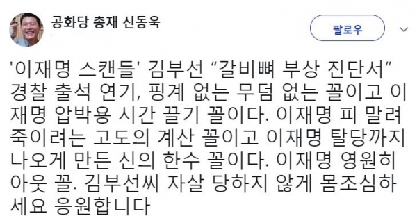 ‘이재명 스캔들’ 김부선, 갈비뼈 부상… 신동욱 “고도의 계산 꼴” (출처: 신동욱 트위터)