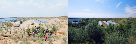 한화그룹이 중국 닝샤지역 사막에 한화 태양의 숲을 조성하기 전(왼쪽)과 후(오른쪽)의 모습. (제공: 한화그룹)