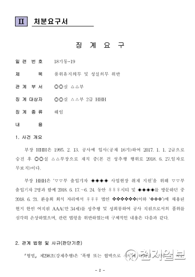 23일 본지가 단독 입수한  간부 A씨 성추행 건 관련 가스공사 감사 문서. ⓒ천지일보 2018.8.22
