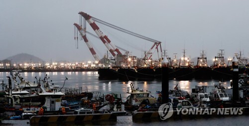 제19호 태풍 솔릭이 북상한 23일 오후 전남 목포시 북항에 피항한 어선들이 집어등을 밝히고 태풍의 접근에 대비하고 있다. (출처: 연합뉴스)