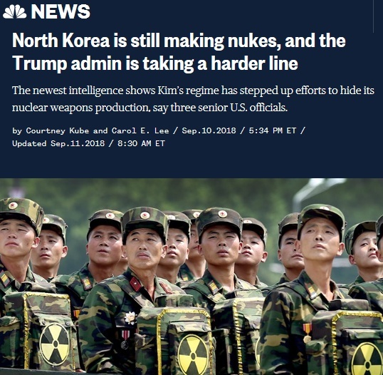 지난 10일(현지시간) 미 NBC 방송은 “북한이 여전히 핵무기를 만들고 있다는 증거들이 나오면서 도널드 트럼프 행정부가 북한에 보다 공격적인 태도를 취하고 있다”며 미국 고위 관리들의 말을 인용해 보도한 모습 (출처: 미 NBC 홈페이지)