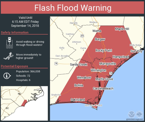 허리케인 플로렌스로 인한 폭우 경고 지역. (출처: 미 국립기상청(NWS) 트위터)