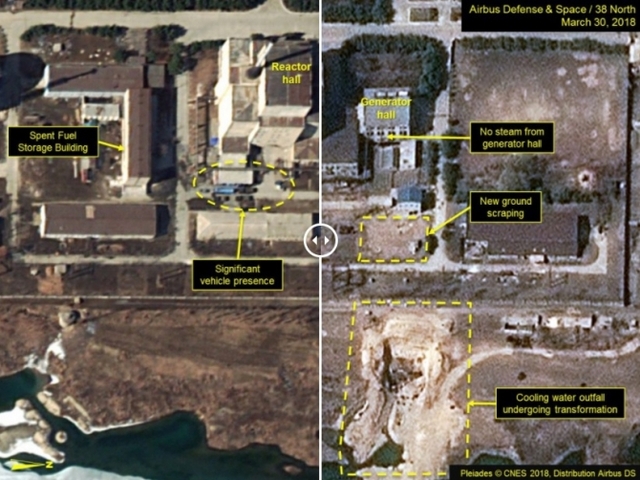 3월 30일 북한 영변 핵시설을 촬영한 위성 이미지. 이 단지 내 5메가와트 원자로의 가동이 중단된 것으로 보인다고 전해졌다. (출처: 38노스 홈페이지 캡처)