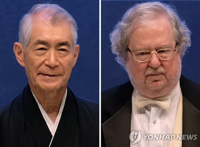 사진은 지난 2014년 탕상 수상식에 함께 참석했던 일본 교토대 혼조 다스쿠 명예교수(왼쪽)와 미국 텍사스 MD앤더슨 암센터의 제임스 앨리슨 교수. (출처: 연합뉴스)