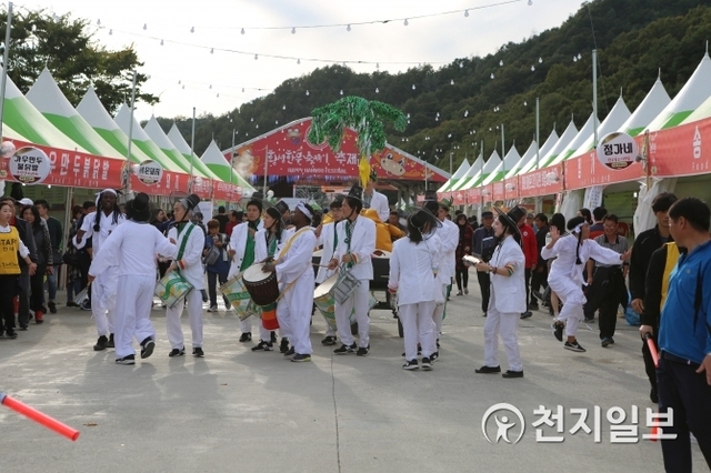 [천지일보 횡성=이현복 기자] 8일 제14회 횡성한우축제 넷째 날 한 공연단체가 행사장에서 흥겨운 농악과 율동으로 거리 퍼레이드 공연을 펼치고 있다. ⓒ천지일보 2018.10.8