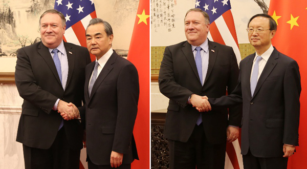 마이크 폼페이오 미국 국무장관이 8일 왕이 외교 담당 국무위원 겸 외교부장과 양제츠 중국 외교 담당 정치국원을 만나 북한의 ‘최종적이고 완전하게 검증된 비핵화(FFVD)’ 달성의 공동 결의를 재확인했다고 미 국무부는 밝혔다. 사진은 폼페이오 장관과 중국 왕이 외교부장(왼쪽), 양제츠 정치국원이다. (출처: 마이크 폼페이오 미 국무장관 트위터)