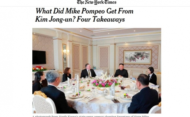 8일(현지시간) 뉴욕타임스(NYT)는 폼페이오 장관과 북한 김정은 국무위원장이 회동한 것을 평가 분석하며 2차 북미정상회담 가능성은 나왔지만 1차 북미회담 약속대로 핵무기 폐기 등의 징후는 전혀 없고 이번 방북에서 관련 약속도 없었다고 지적하고 있다. (출처: NYT 캡처)