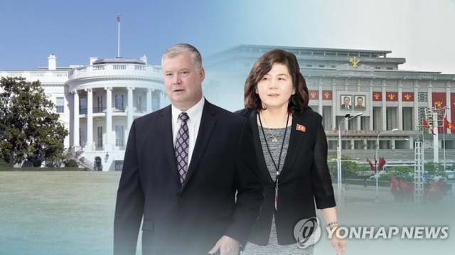 비건 미 대북특별대표와 최선희 북한 외무성 부상 (출처: 연합뉴스)