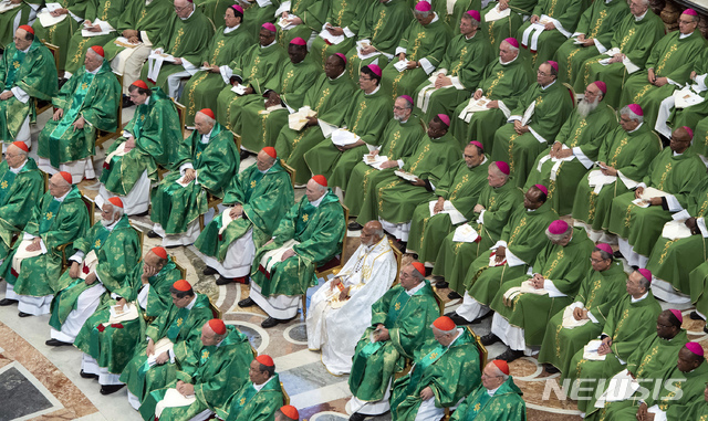 【바티칸=AP/뉴시스】 28일 바티칸 성베드로 대성당에서 한 달 간의 교회간부회 종료 미사에 빨간 캡의 추기경을 선두로 간부 사제들이 앉아있다. 교황이 집전했다.