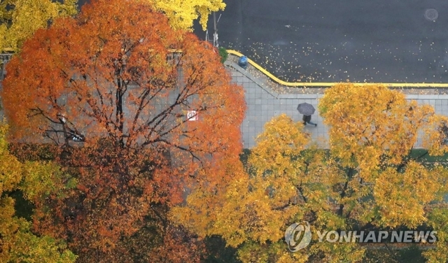 (서울=연합뉴스) 가을비가 내린 7일 우산을 쓴 시민이 서울의 한 거리를 걷고 있다.